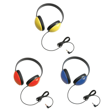 Tri-Color Set of Califone 2800 Listening First Stereo Headphones in yellow, red, and blue for educational use.